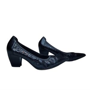 France Mode Patent Crinkled Leather Pointed-Toe Glove Pumps Block Heel Size 40